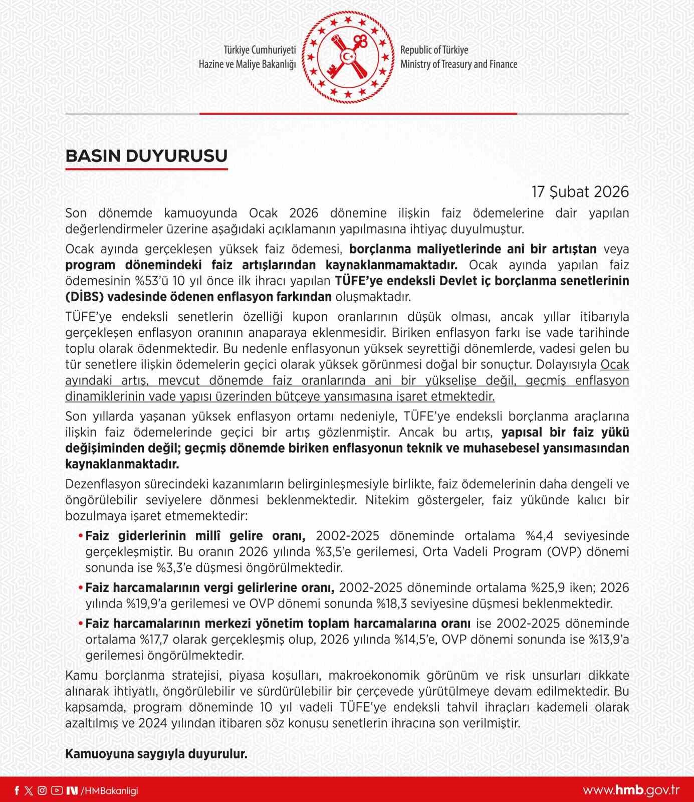 Hazine ve Maliye Bakanlığı: "Enflasyonun yüksek seyrettiği dönemlerde ödemelerin geçici olarak yüksek görünmesi doğal bir sonuçtur"
