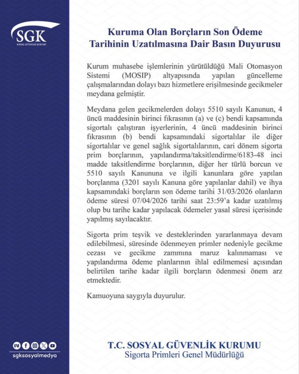 SGK bilgisayar sistemindeki arıza sebebiyle borçların son ödeme tarihini uzattı
