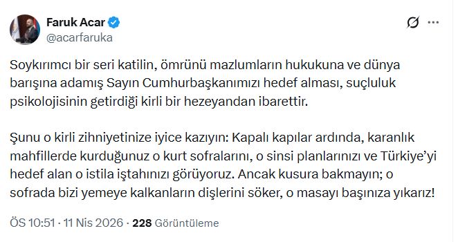 AK Parti'li Acar: Soykırımcı bir seri katilin, Cumhurbaşkanımızı hedef alması kirli bir hezeyandan ibarettir