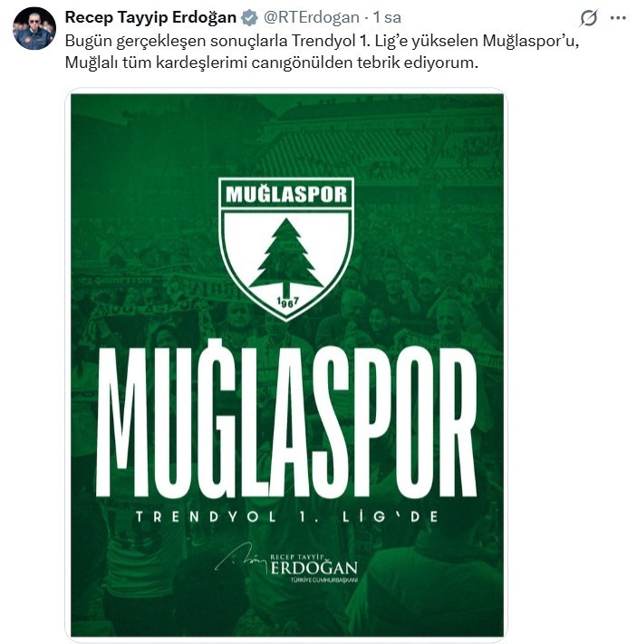Cumhurbaşkanı Erdoğan’dan Muğlaspor’a tebrik mesajı
