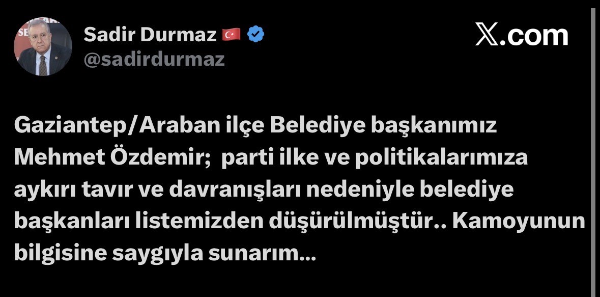 MHP, Araban Belediye Başkanını parti listesinden düşürdü
