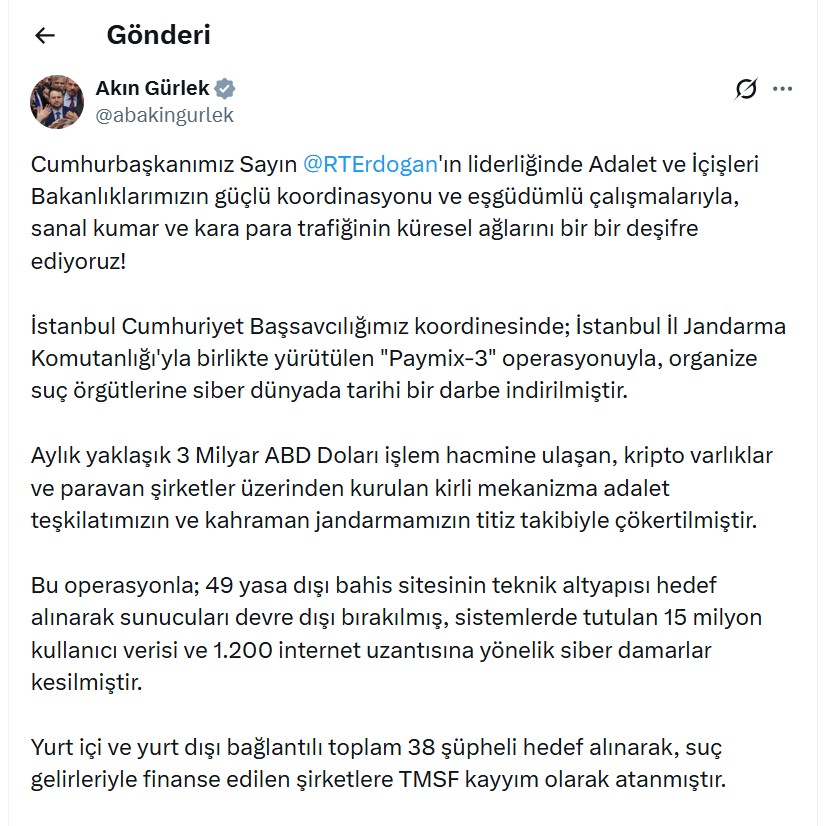 Bakan Gürlek: 'Paymix-3' operasyonuyla suç örgütlerine tarihi darbe indirildi