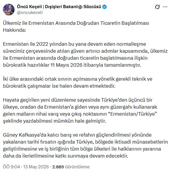 Dışişleri Bakanlığı: Ermenistan'la doğrudan ticarete ilişkin bürokratik hazırlıklar tamamlandı
