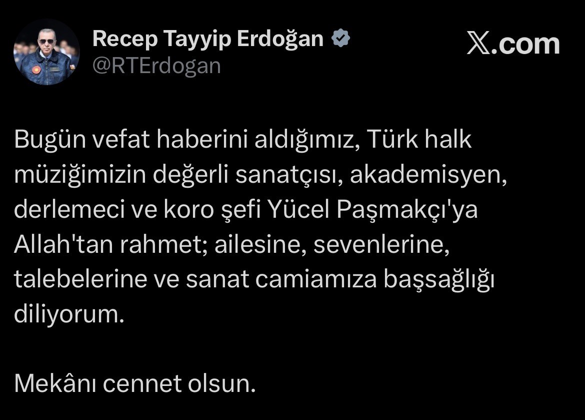 Cumhurbaşkanı Erdoğan’dan Yücel Paşmakçı için taziye mesajı
