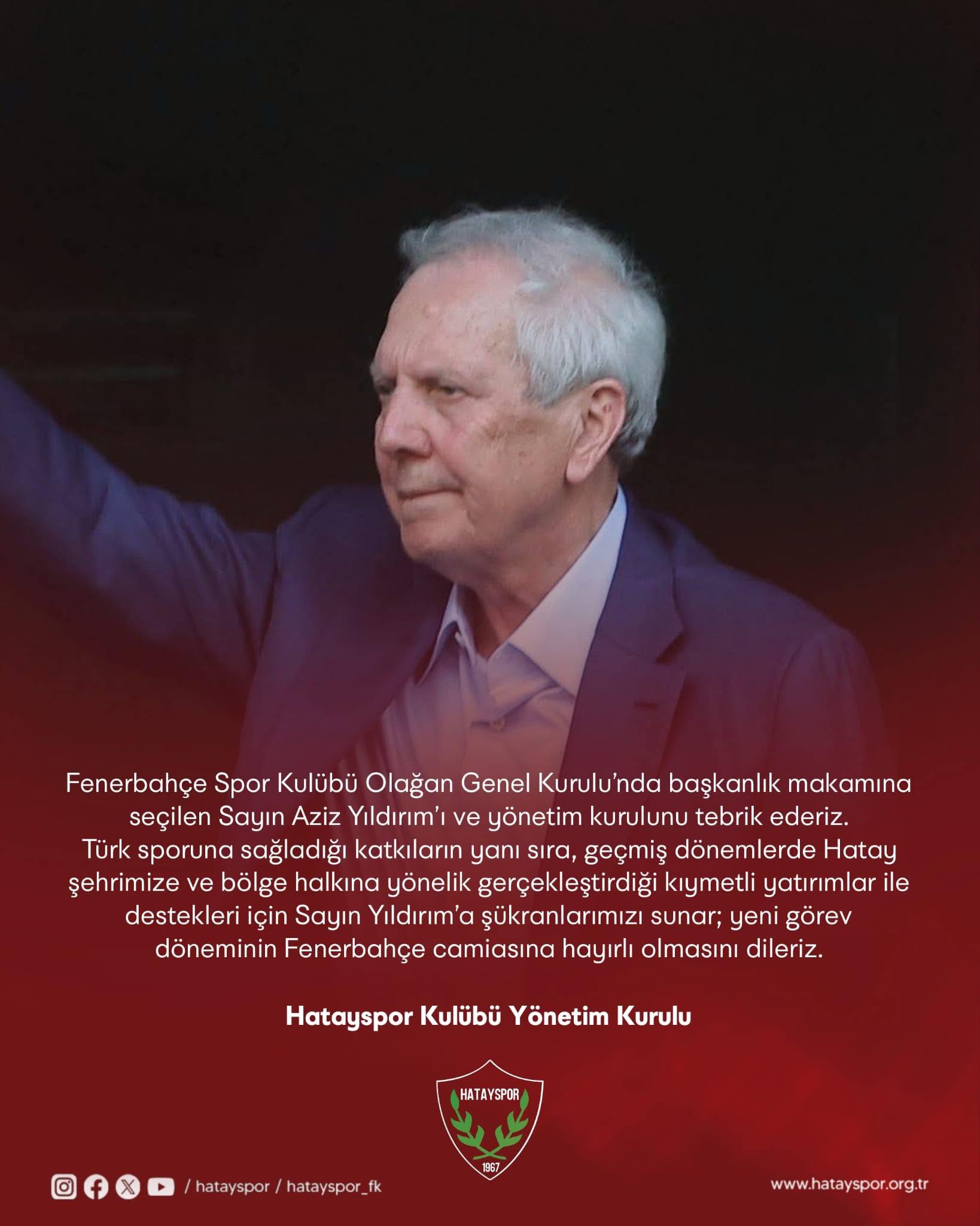 Hatayspor yönetimi Fenerbahçe Spor Kulübü Başkanı Aziz Yıldırım’ı tebrik etti 