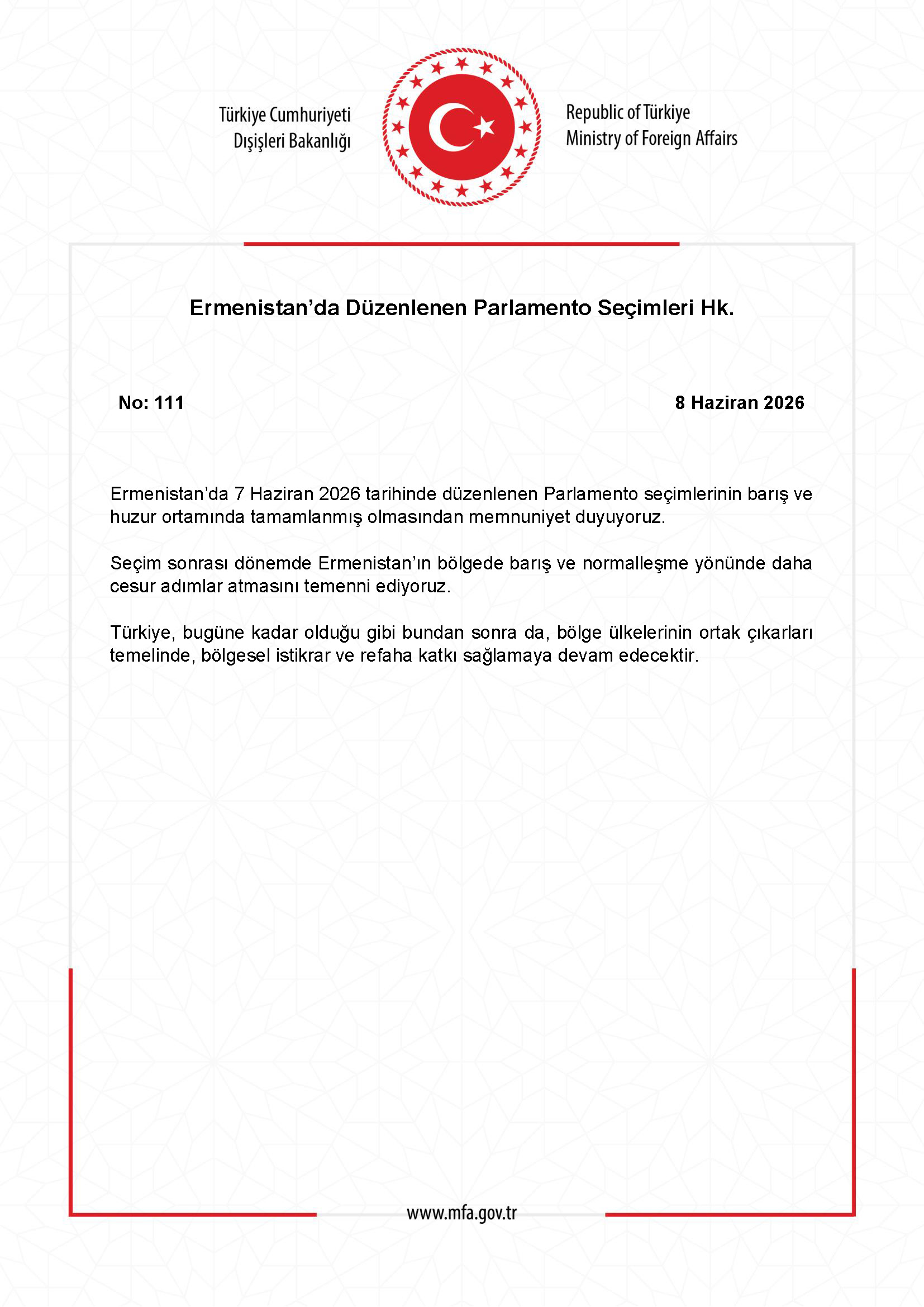 Dışişleri’nden Ermenistan’daki parlamento seçimlerine ilişkin açıklama 