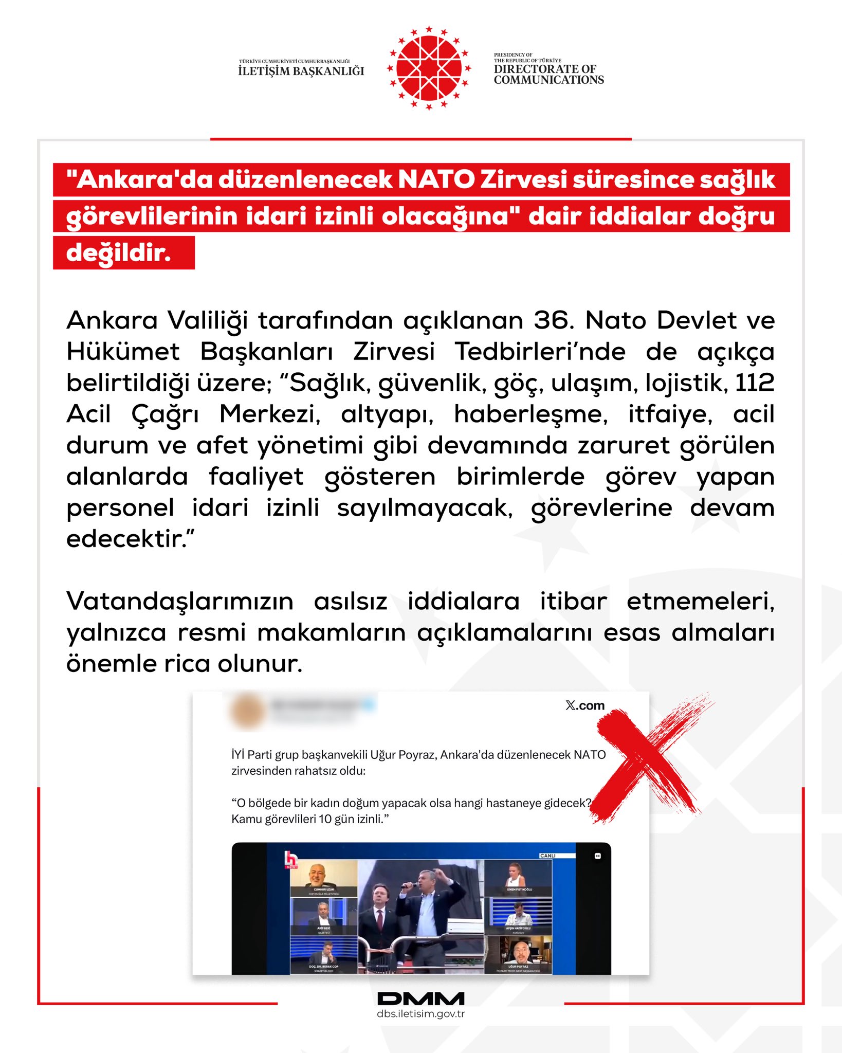 DMM: ‘Ankara'da NATO Zirvesi süresince sağlık görevlilerinin idari izinli olacağına’ dair iddialar doğru değildir